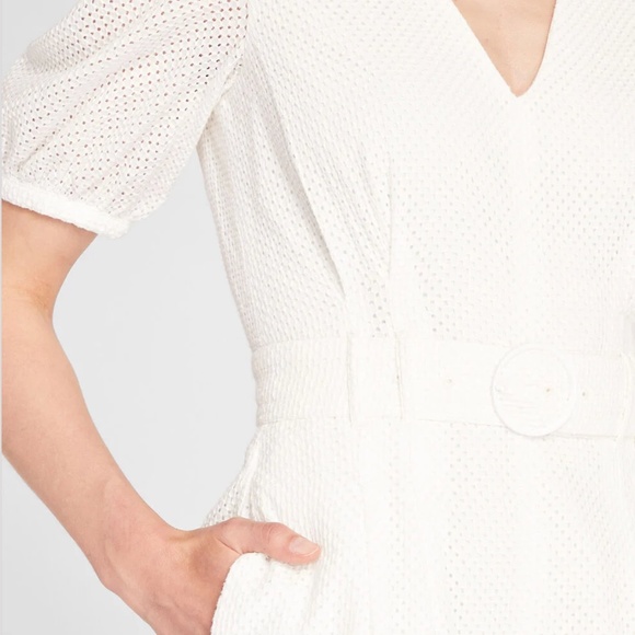 Belted Puff Sleeve Eyelet Romper - Brand New - NEVER WORN - White - Picture 3 of 4